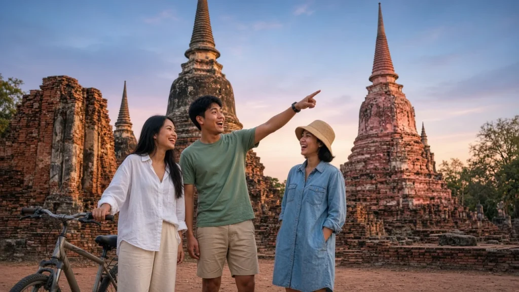 Young Thai friends with bicycles exploring ancient temple ruins in Ayutthaya at golden hour