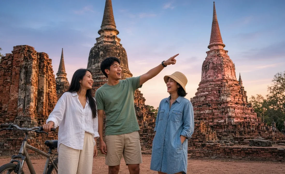 Young Thai friends with bicycles exploring ancient temple ruins in Ayutthaya at golden hour