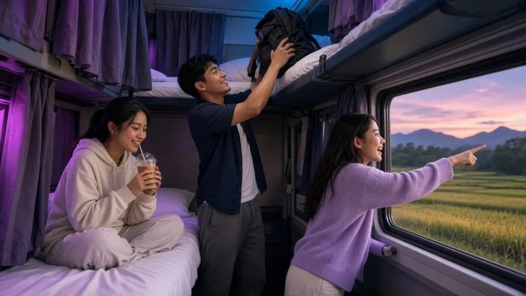 Young Thai travellers settling into berths on an overnight sleeper train with rice fields outside at dusk