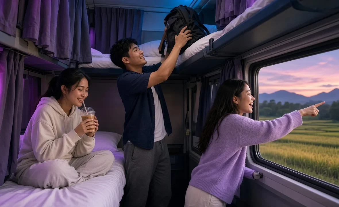 Young Thai travellers settling into berths on an overnight sleeper train with rice fields outside at dusk