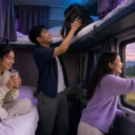 Young Thai travellers settling into berths on an overnight sleeper train with rice fields outside at dusk
