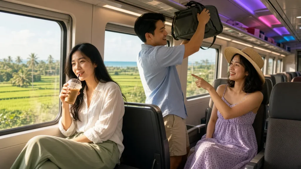 Young Thai travellers on an express train with rice fields and sea views on the way to Hua Hin