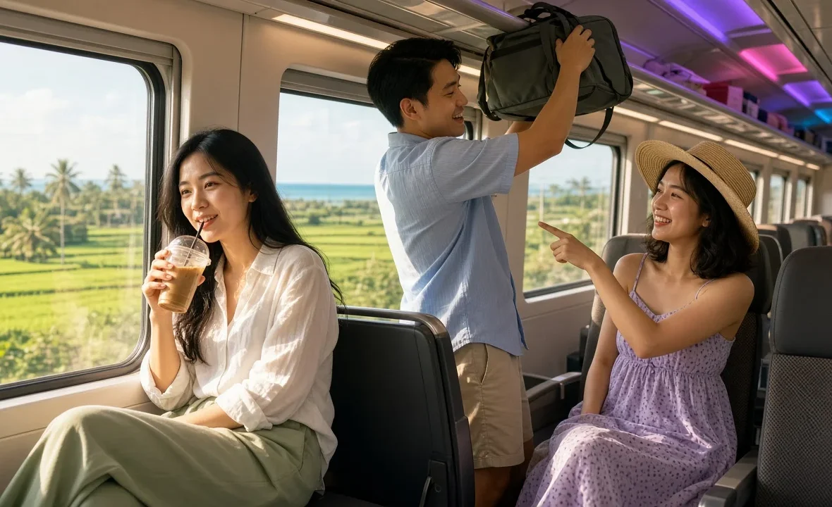 Young Thai travellers on an express train with rice fields and sea views on the way to Hua Hin