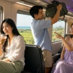Young Thai travellers on an express train with rice fields and sea views on the way to Hua Hin