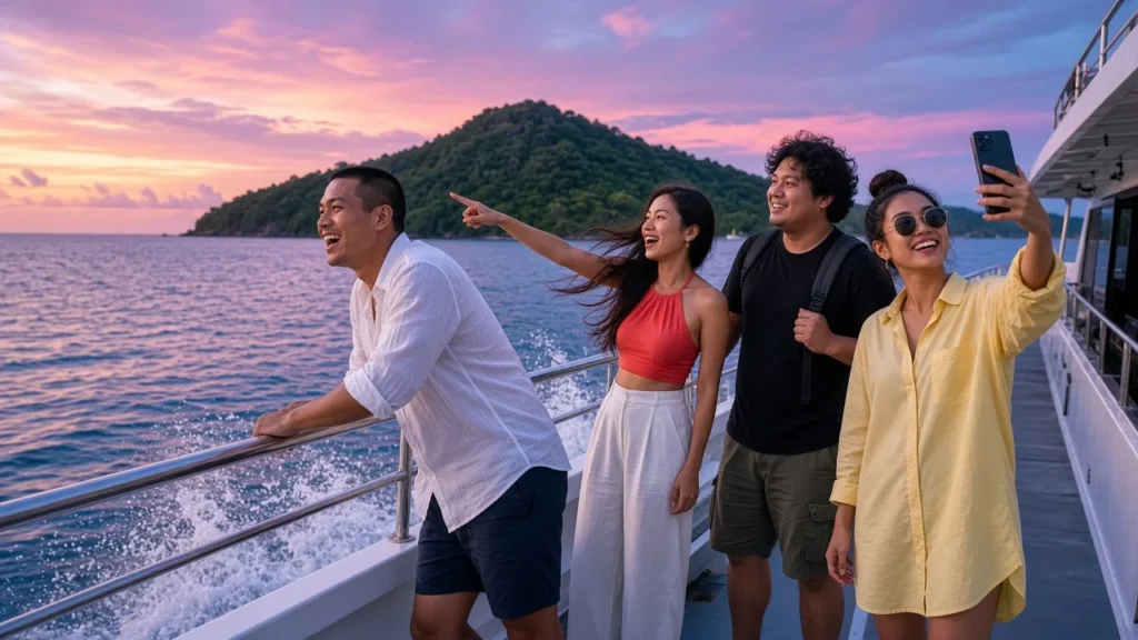 Four young Thai friends on a catamaran deck sailing towards Koh Samui at sunset