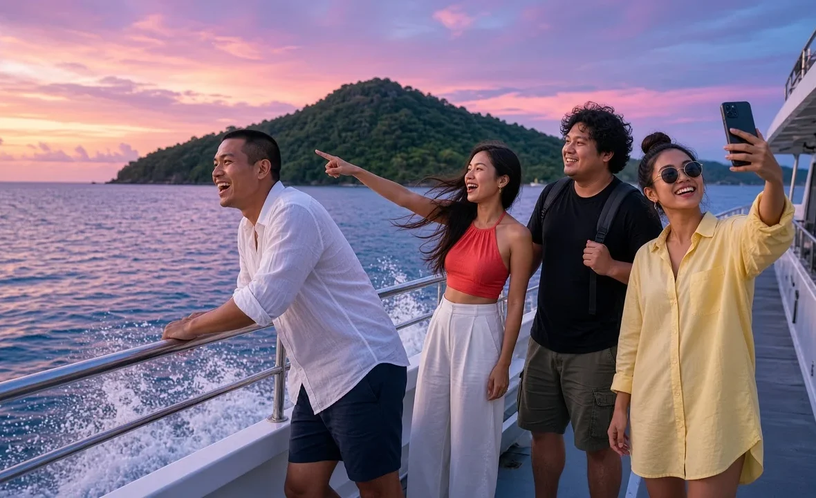 Four young Thai friends on a catamaran deck sailing towards Koh Samui at sunset