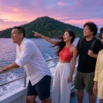 Four young Thai friends on a catamaran deck sailing towards Koh Samui at sunset