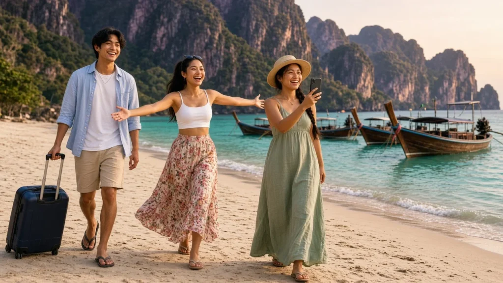 Three young Thai travellers arriving on a Krabi beach with limestone cliffs and longtail boats