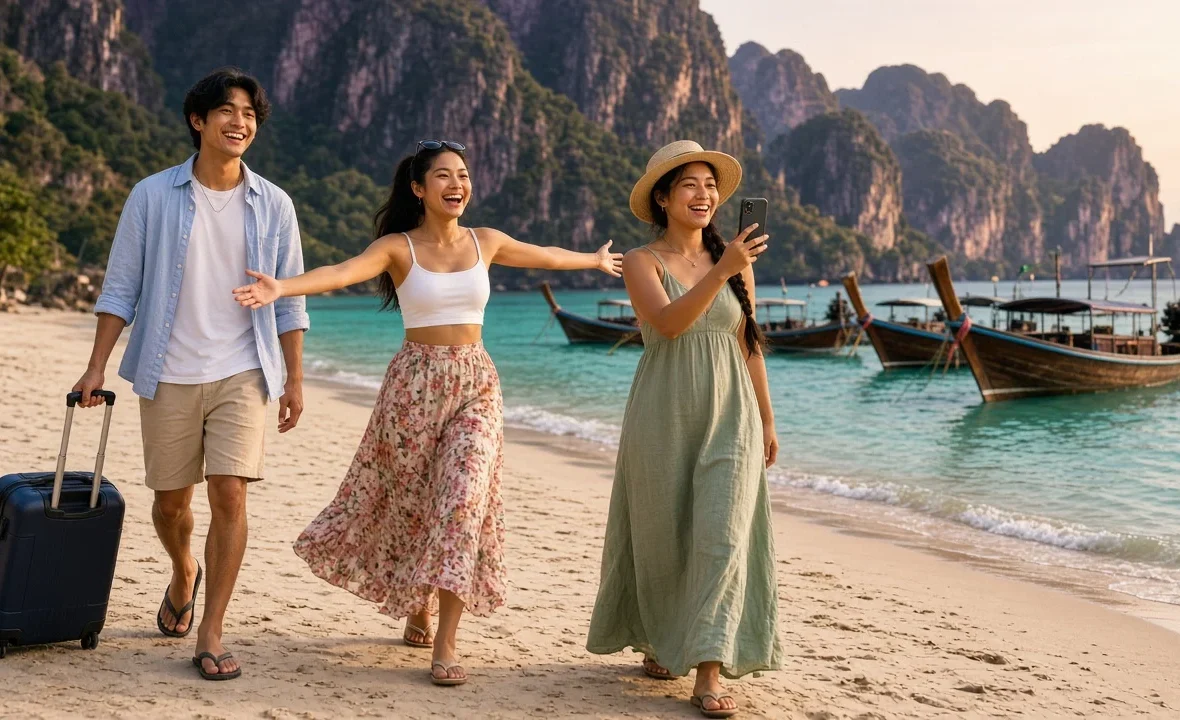 Three young Thai travellers arriving on a Krabi beach with limestone cliffs and longtail boats