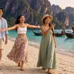 Three young Thai travellers arriving on a Krabi beach with limestone cliffs and longtail boats