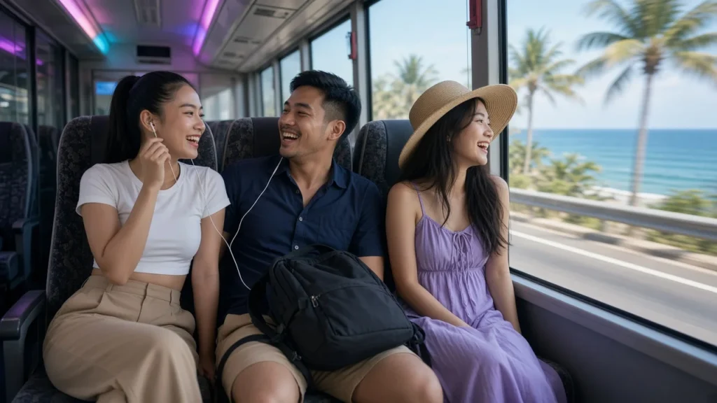 Young Thai travellers laughing on an air-conditioned coach heading to the coast