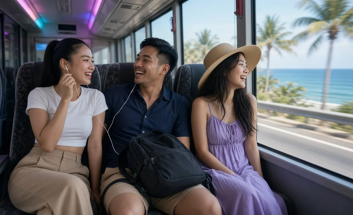 Young Thai travellers laughing on an air-conditioned coach heading to the coast