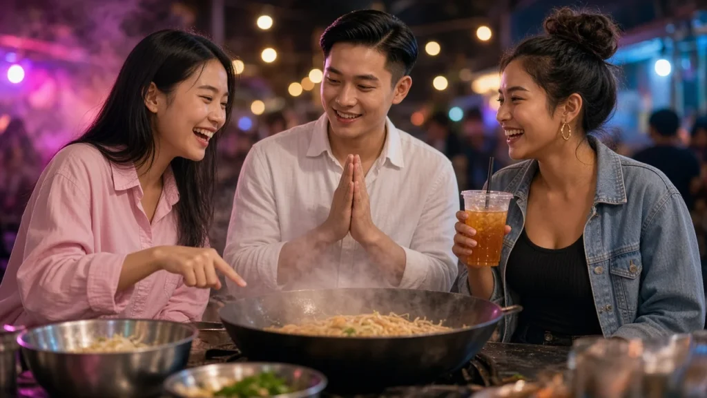 Young Thai friends chatting and smiling at a Bangkok street-food stall at night