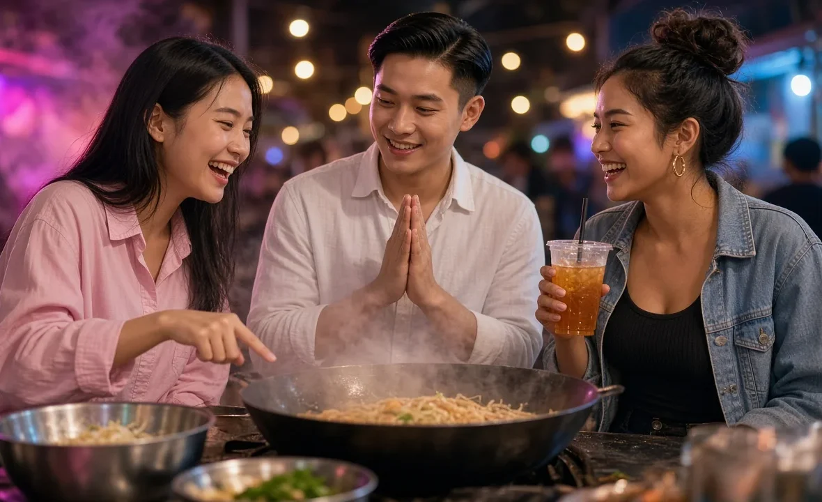 Young Thai friends chatting and smiling at a Bangkok street-food stall at night