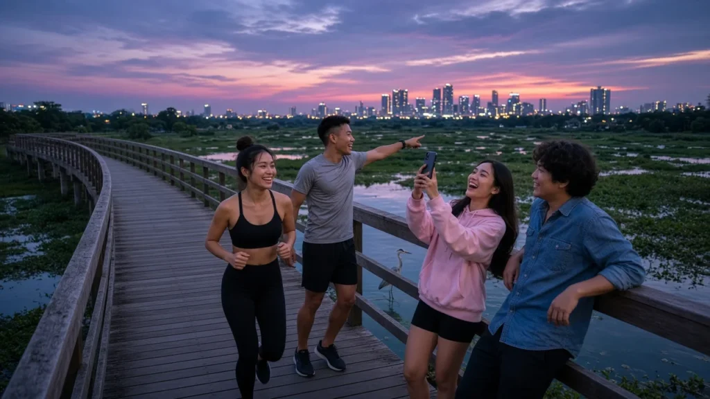 Four young Thai friends walking and running on the elevated skywalk at Benjakitti Forest Park at dusk.