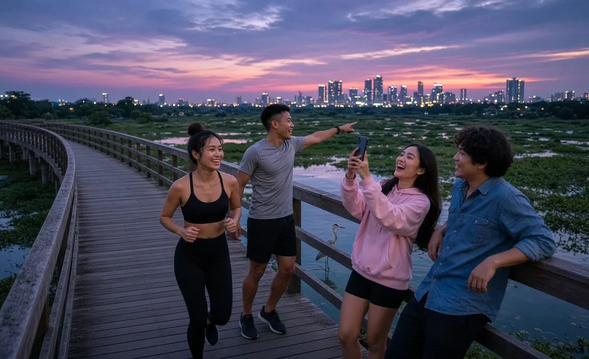 Four young Thai friends walking and running on the elevated skywalk at Benjakitti Forest Park at dusk.