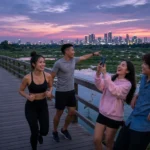 Four young Thai friends walking and running on the elevated skywalk at Benjakitti Forest Park at dusk.