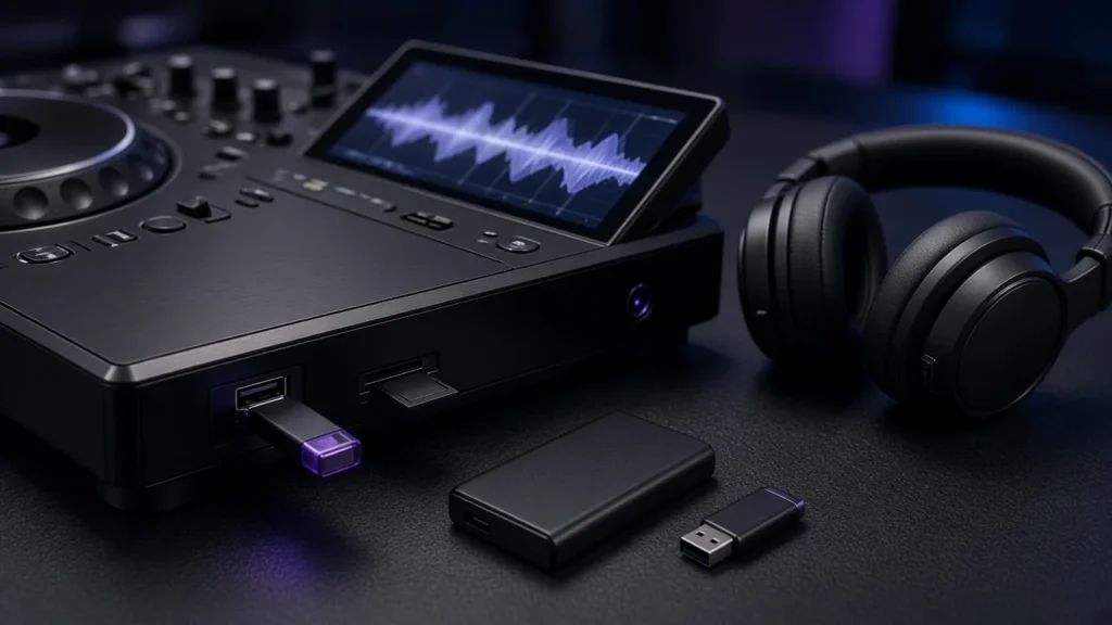 Club media player with a USB drive and SD card inserted beside DJ headphones in a dark booth