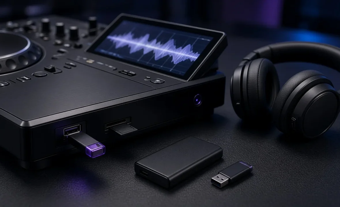 Club media player with a USB drive and SD card inserted beside DJ headphones in a dark booth
