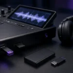 Club media player with a USB drive and SD card inserted beside DJ headphones in a dark booth