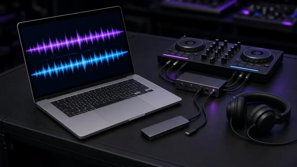 Slim laptop with DJ software waveforms connected to a DJ controller and audio interface in a dark booth