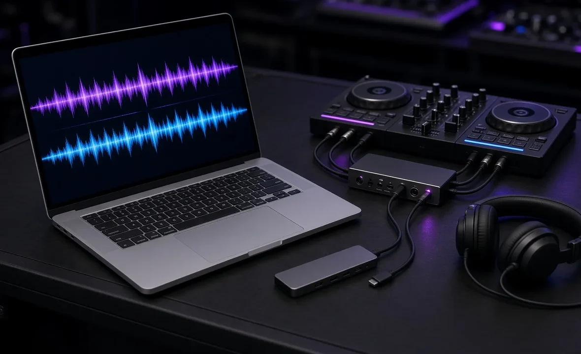 Slim laptop with DJ software waveforms connected to a DJ controller and audio interface in a dark booth