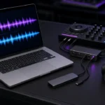 Slim laptop with DJ software waveforms connected to a DJ controller and audio interface in a dark booth