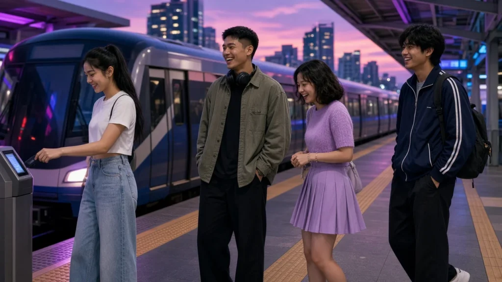 Young Thai friends waiting on an elevated BTS Skytrain platform in Bangkok at dusk as a train arrives