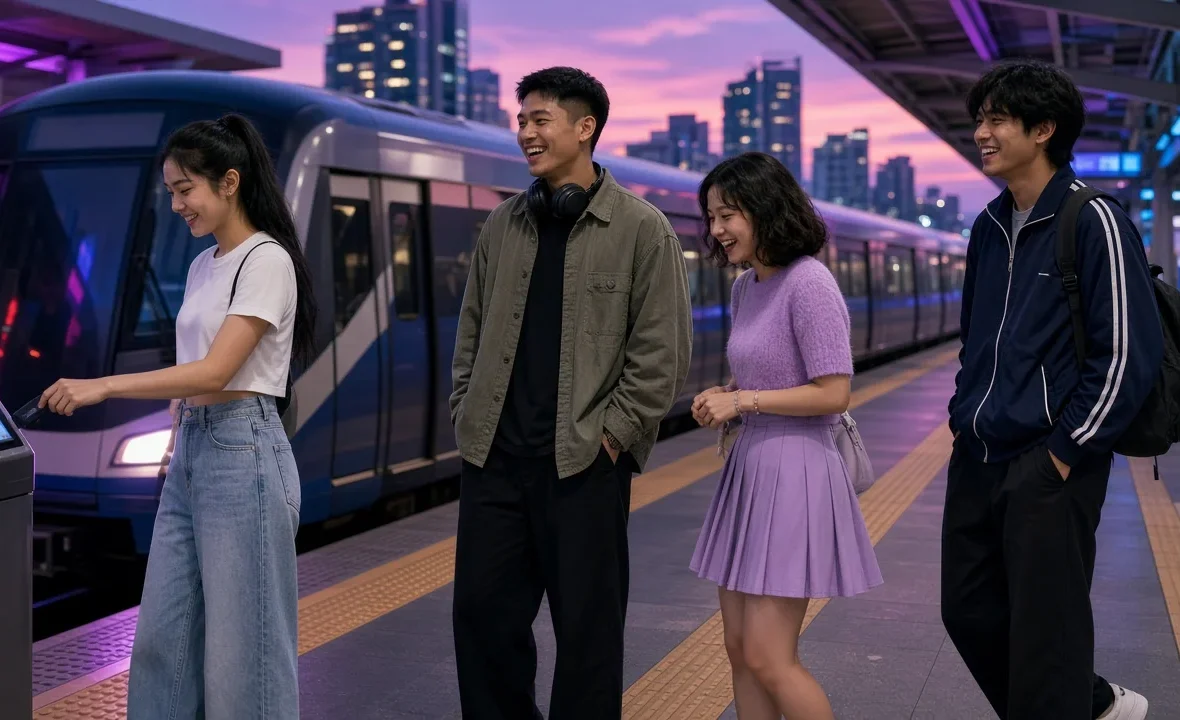 Young Thai friends waiting on an elevated BTS Skytrain platform in Bangkok at dusk as a train arrives
