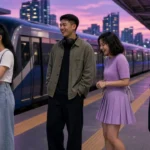 Young Thai friends waiting on an elevated BTS Skytrain platform in Bangkok at dusk as a train arrives