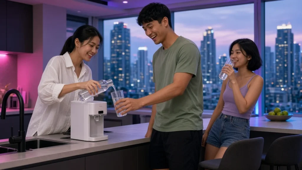 Young Thai friends filling reusable bottles from a filtered water dispenser in a Bangkok condo kitchen