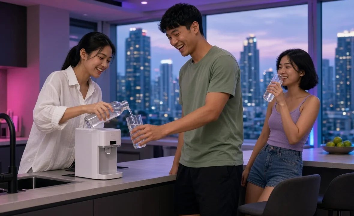 Young Thai friends filling reusable bottles from a filtered water dispenser in a Bangkok condo kitchen