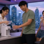 Young Thai friends filling reusable bottles from a filtered water dispenser in a Bangkok condo kitchen