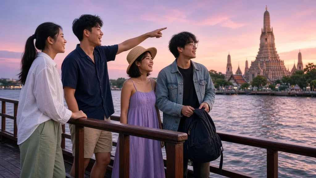 Young Thai friends on the deck of a Chao Phraya river boat at golden hour with a temple in the distance