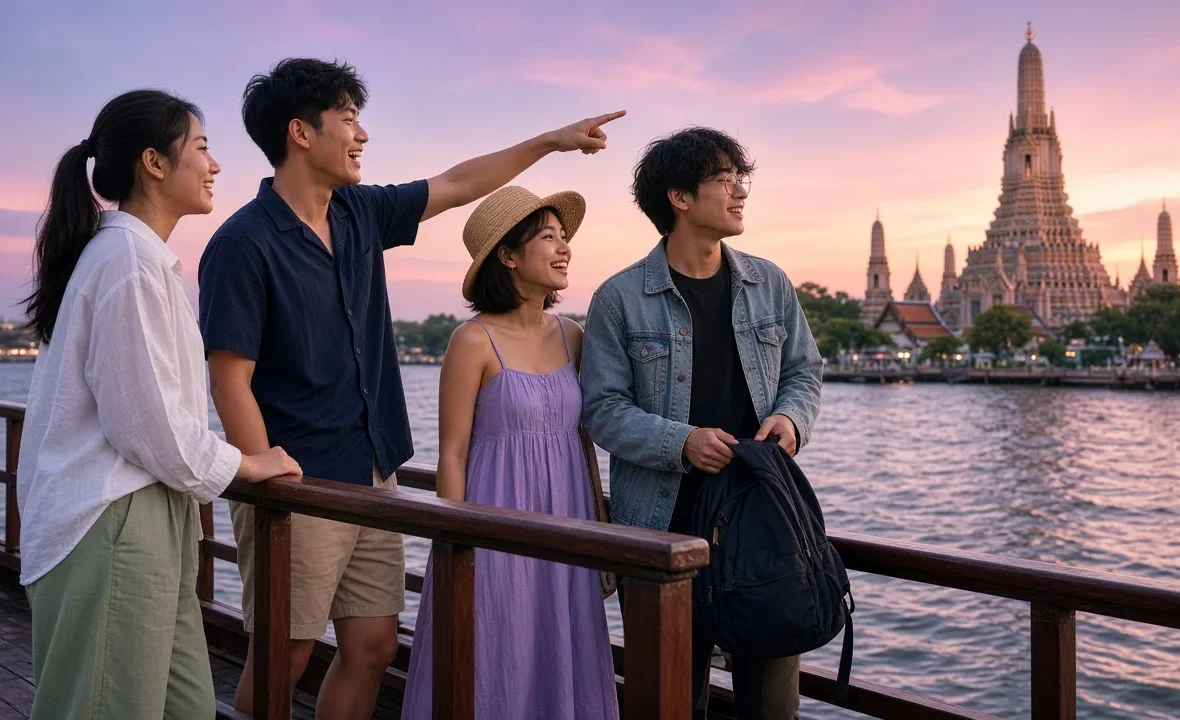 Young Thai friends on the deck of a Chao Phraya river boat at golden hour with a temple in the distance