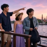 Young Thai friends on the deck of a Chao Phraya river boat at golden hour with a temple in the distance