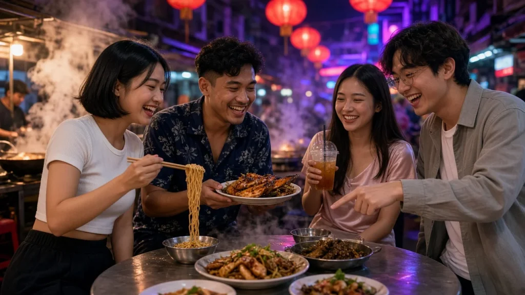 Young Thai friends sharing street food at a table on a neon-lit Bangkok Chinatown street at night
