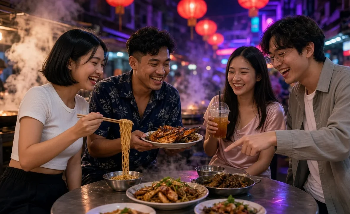 Young Thai friends sharing street food at a table on a neon-lit Bangkok Chinatown street at night