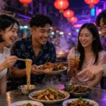 Young Thai friends sharing street food at a table on a neon-lit Bangkok Chinatown street at night