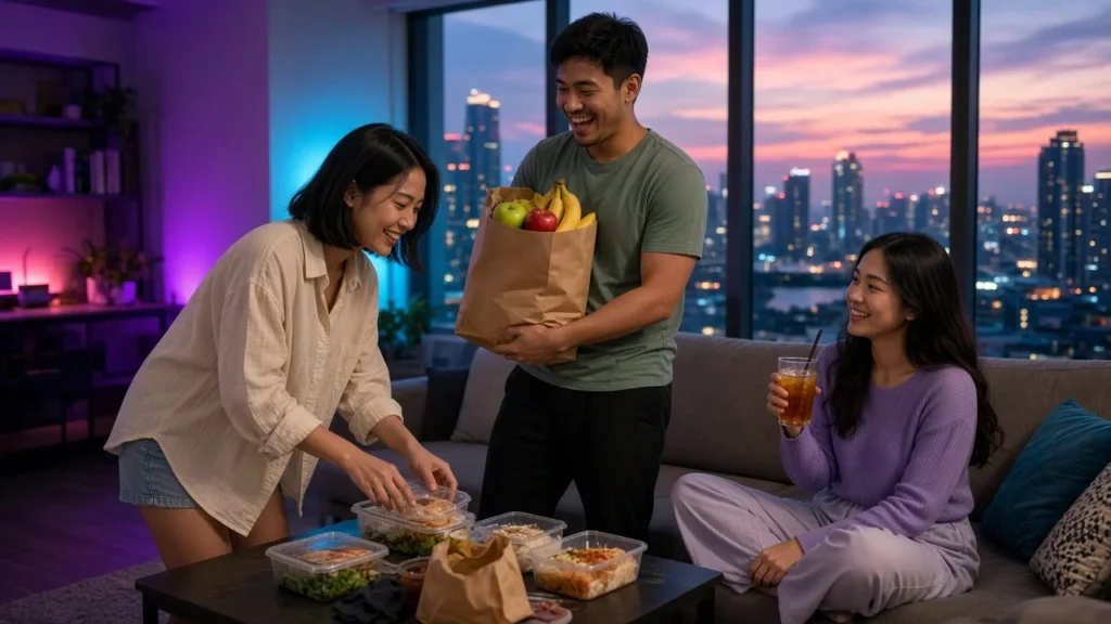 Young Thai friends sharing takeaway food in a modern Bangkok condo with the city skyline at dusk