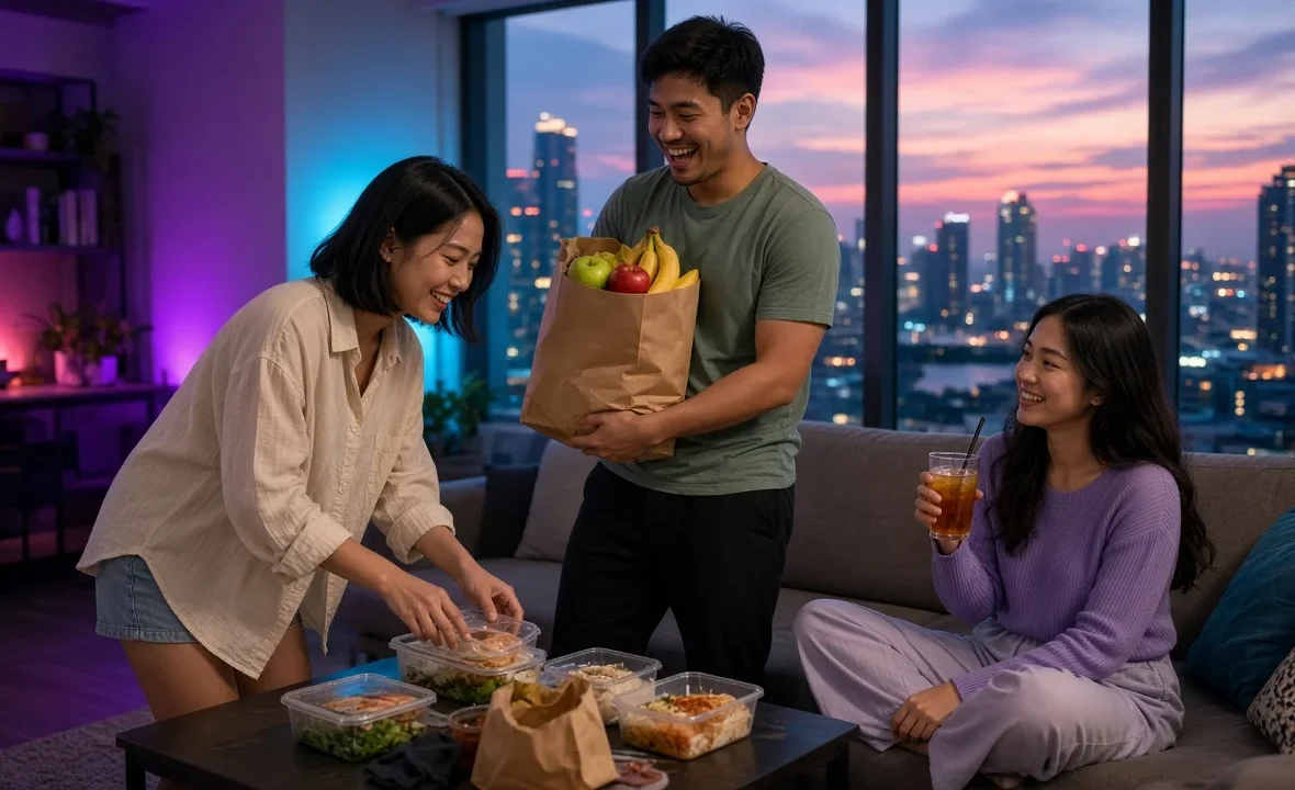 Young Thai friends sharing takeaway food in a modern Bangkok condo with the city skyline at dusk