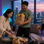 Young Thai friends sharing takeaway food in a modern Bangkok condo with the city skyline at dusk
