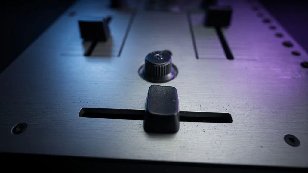 Close-up of a DJ mixer crossfader and curve knob in a dark DJ booth