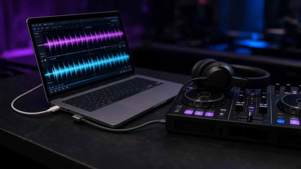 Laptop connected directly to a DJ controller with a short USB cable and charger plugged in on a dark desk