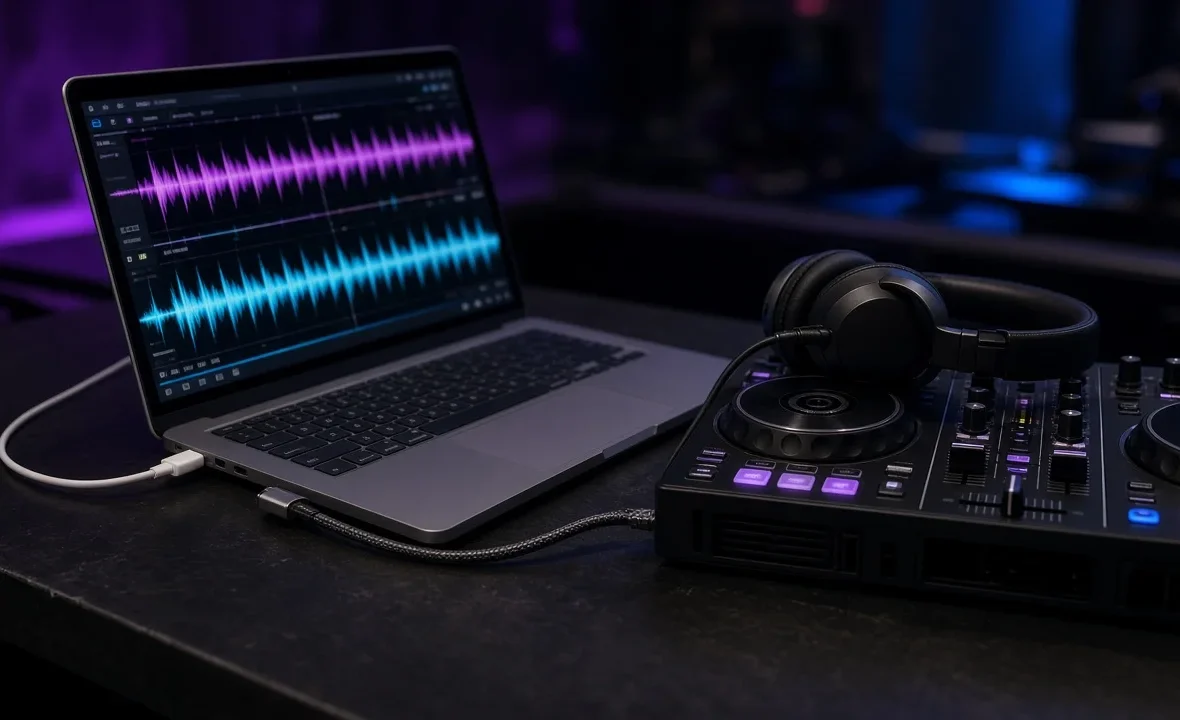 Laptop connected directly to a DJ controller with a short USB cable and charger plugged in on a dark desk