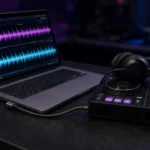 Laptop connected directly to a DJ controller with a short USB cable and charger plugged in on a dark desk