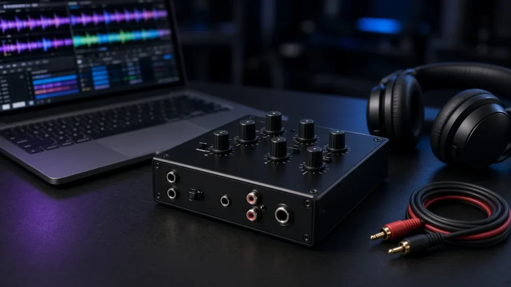Compact DJ audio interface next to a laptop, DJ headphones and RCA cables on a dark studio desk