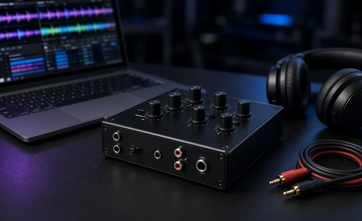Compact DJ audio interface next to a laptop, DJ headphones and RCA cables on a dark studio desk