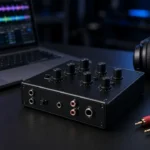 Compact DJ audio interface next to a laptop, DJ headphones and RCA cables on a dark studio desk