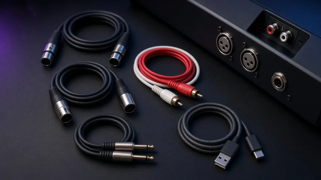 Coiled XLR, RCA, TRS and USB cables beside the rear panel of a DJ controller